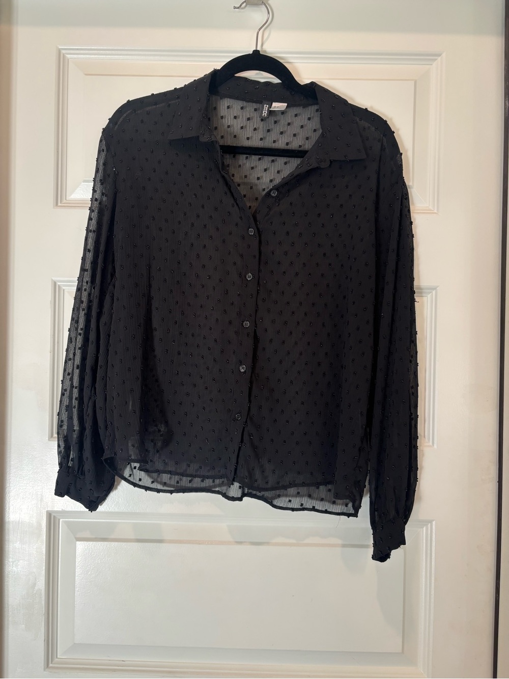 H&M Black Sheer Textured Button-Down Blouse